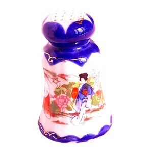 Vintage Hand-Painted Japanese Porcelain Hat Pin Holder With Geisha & Floral Desi